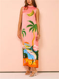 Women's Pink Side Split Sundress with Coconut Tree Letter Print
