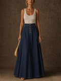 Women High Waist Button Front A Line Flared Denim Maxi Skirt