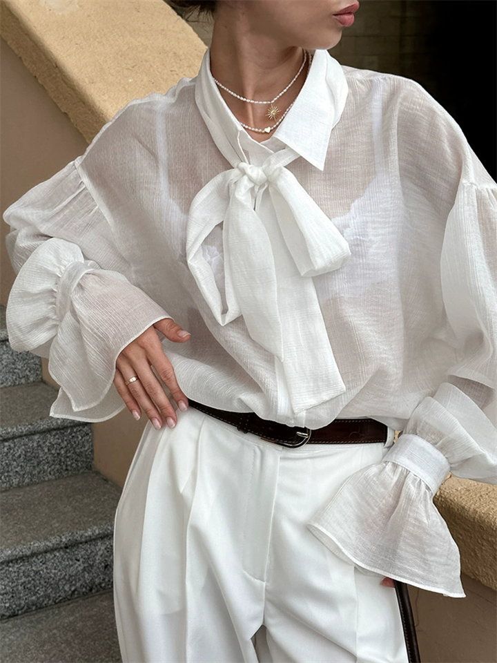 Women's French Style Tie Neck White See-through Blouses
