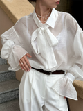Women's French Style Tie Neck White See-through Blouses