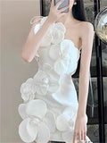 French Style Elegant 3D Flowers Strappy Mini Dress for Lady