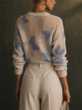 Women Butterfly Graphic Rhinestone Beaded Crewneck Sweater