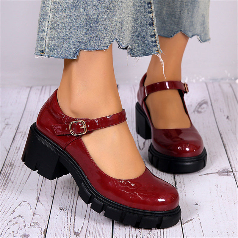 Retro Round Toe Chunky Heel Glossy Mary Jane Shoes for Lady