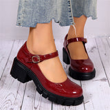 Retro Round Toe Chunky Heel Glossy Mary Jane Shoes for Lady