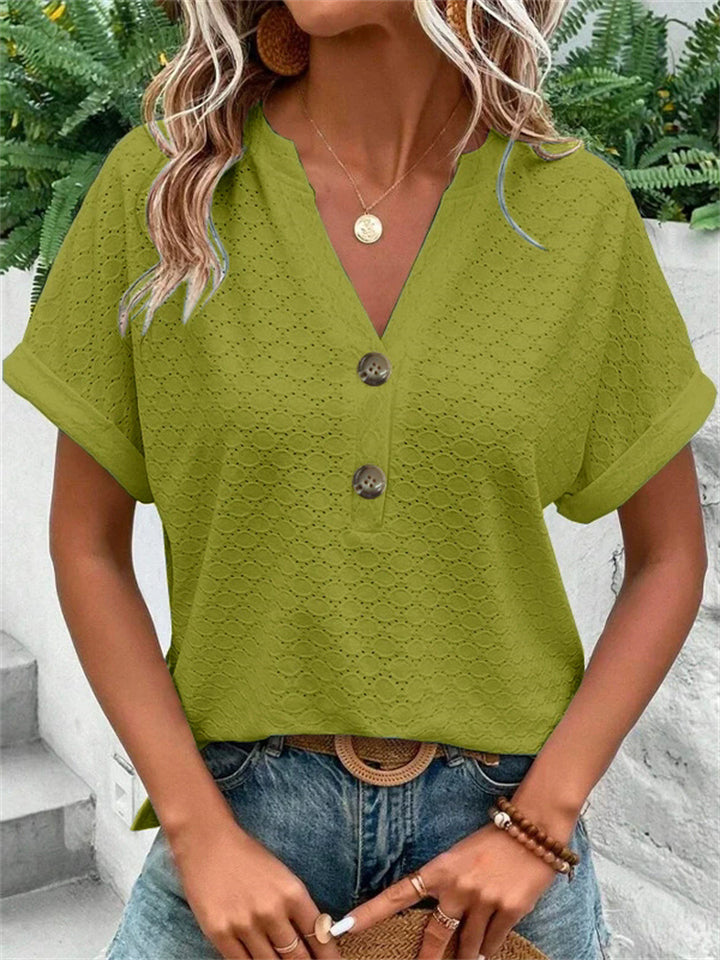 Women's Casual Solid Color Jacquard Button V-neck Pullover T-shirts