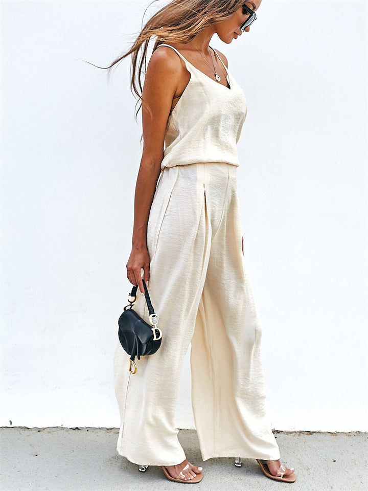 Summer Holiday Style Solid Color Strap Top & Pants Set for Women