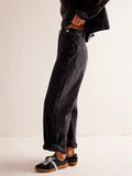 Female Loose Washed Button Trim Jeans with Pockets