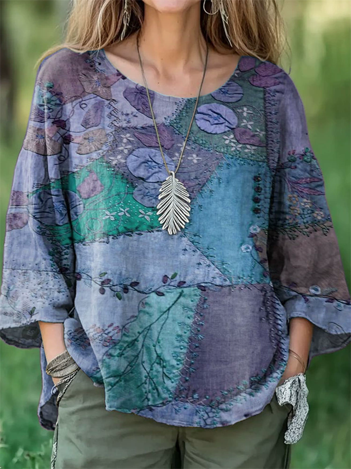 Women's Summer Casual Leaves Printed Round Neck 3/4 Sleeve Shirts