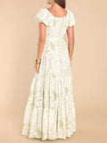 Female Classy Waist Tie Puff Sleeve Leaf Printed Dresses