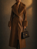 Women Vintage Faux Leather Maxi Trench Coat with Faux Fur Trim