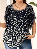 Women's Summer Black Clover Printed Square Neck Chiffon Shirt