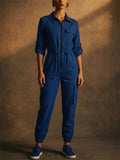 Women Utility Zip Front Cotton Blend Jogger Cargo Jumpsuit