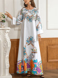 Women's Beads Flowers Printed Round Neck Long Sleeve Maxi Dress