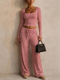 Womens Striped Ribbed Long Sleeve Crop Top Wide Leg Pants 2pc Set