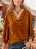‌Women's Casual Loose Velvet Cowl Neck Long Sleeve Blouse