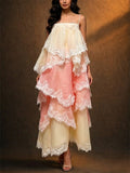 Women Boho Tiered Lace Ruffle Ombre Chiffon Maxi Dress