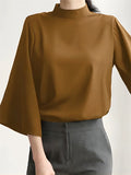 Women's Silk Like Stand Collar Loose Batwing Sleeve Elegant Blouse