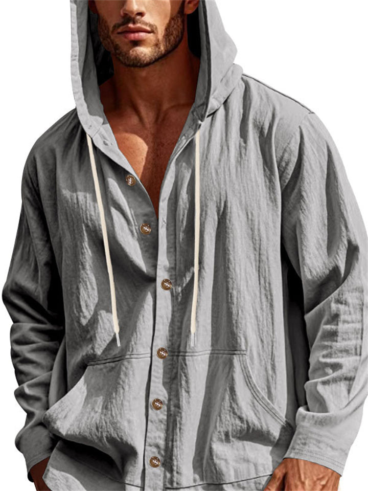Men's Causal Linen Solid Color Button Up Hooded Shirts
