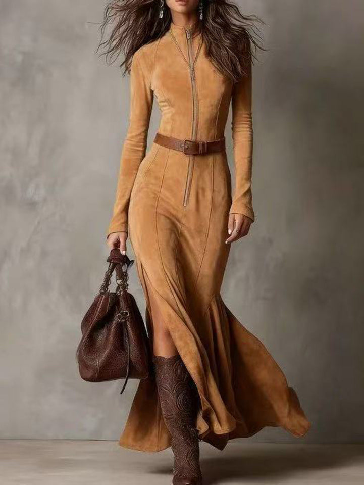 ‌Elegant Brown Zip Up Slim Fit Split Maxi Dress for Women‌