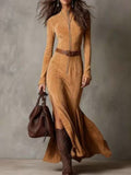 ‌Elegant Brown Zip Up Slim Fit Split Maxi Dress for Women‌