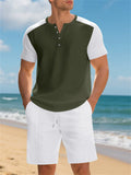 Men's Casual Waffle Contrast Color Comfy Beach Henry Shirt & Shorts Set