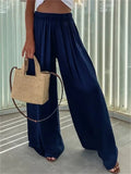 Women's Casual Solid Color Elastic Waist Pleated Drape Wide Leg Pants