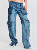 Fashion Mid Rise Pockets Patchwork Cargo Denim Pants for Women