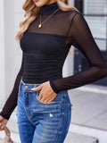 Women's Solid Color Mesh Patchwork High Neck Long-sleeve Undershirt