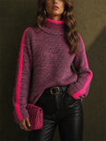 Women Marled Knit Contrast Stripe Mock Neck Sweaters