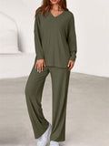 Women's Simple V Neck Long Sleeve Loose Fit Comfy Top and Pants Set