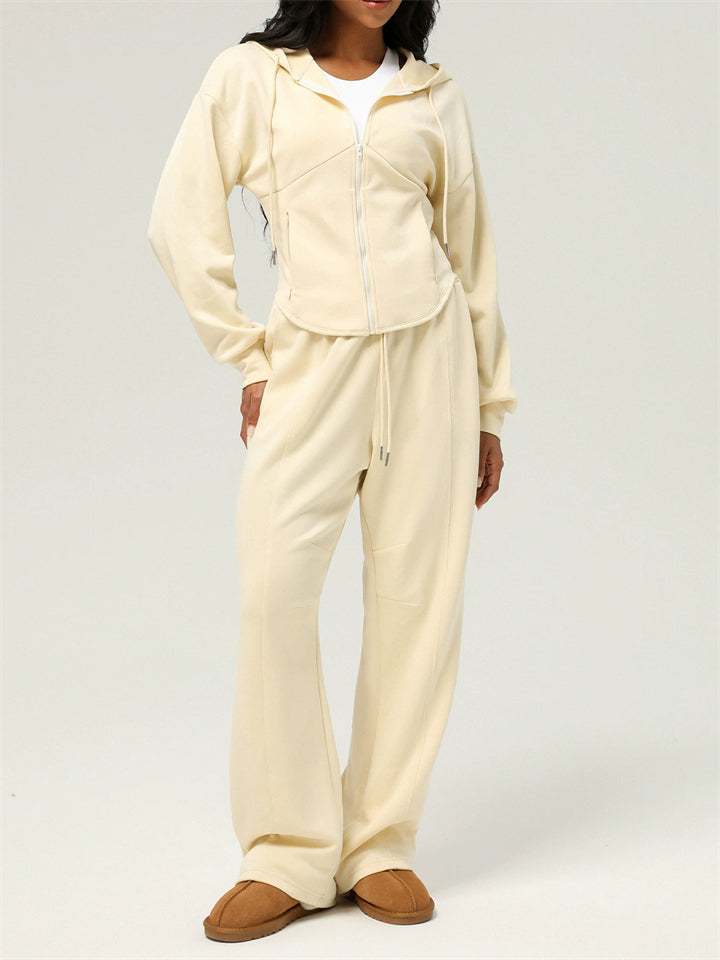 Women's Sporty Solid Color Slim Fit Cardigan Hooded Sweatshirts & Sweatpants Outfit