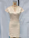 Women's Elegant Trendy Champagne V Neck Short Sleeve Dress