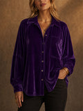 Women Velvet Oversized Button Down Long Sleeve Shirts