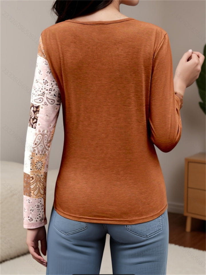 Women's Casual Contrast Color Patchwork Round Neck T-Shirt
