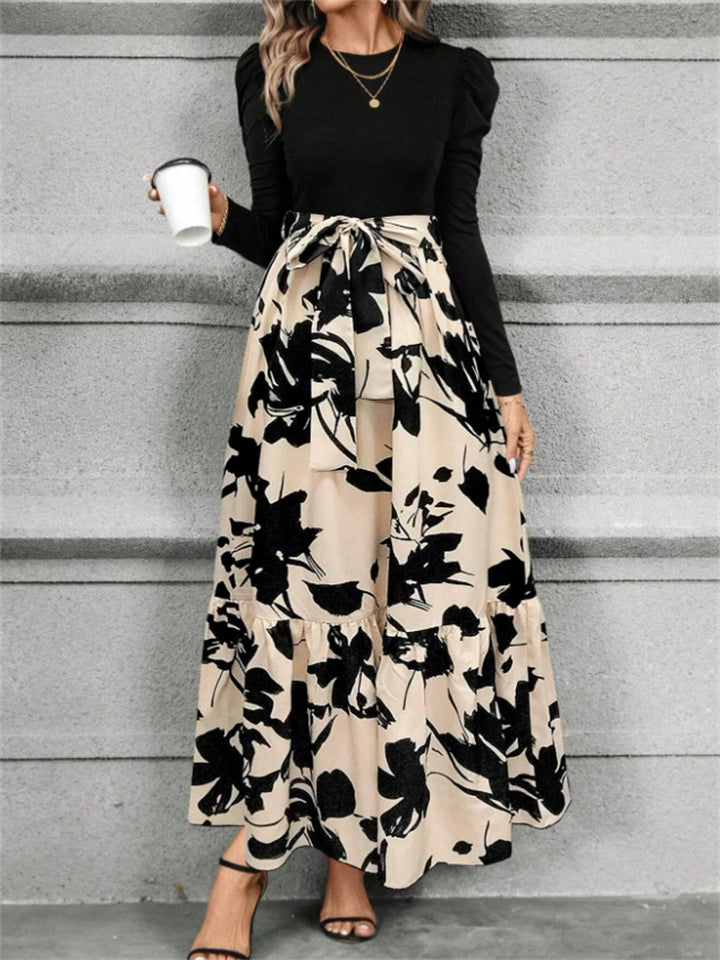 Women's Elegant Long Sleeve Floral Tie Waist Ruffle Hem Maxi Dress