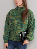 Women's Casual Contrast Color Semi-High Neck Long Sleeve Sweater