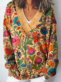 Women's Autumn Flowers Print Pullover V Neck Long Sleeve Sweaters