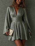 Women Sexy French Style Sage Green V Flare Sleeve Backless Mini Dress