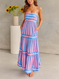 Ladies Casual Striped Backless Slip Dress with Pockets
