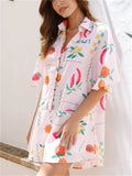 Women's 2pcs Casual Simple Print Button Up Short Sleeve Top & Pants Set