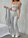 Women's Casual Home Comfy Gray Striped Knitted 3-Piece Set