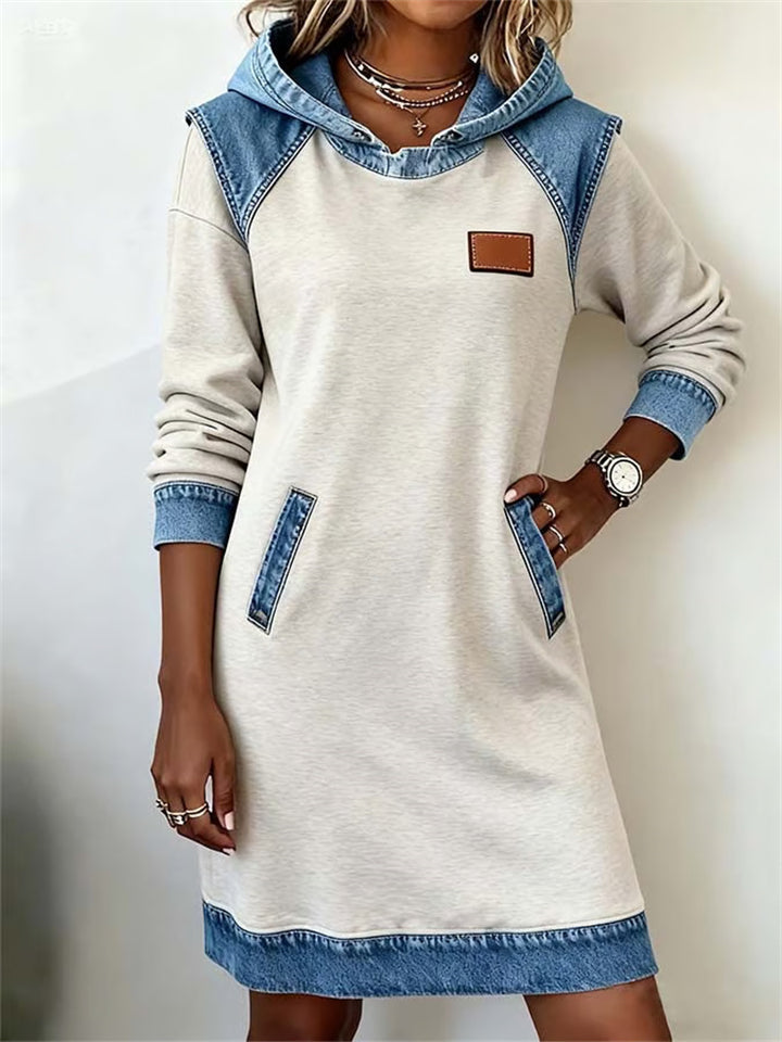 Women's ‌Two Tone Denim Patchwork Long Sleeve Hooded Dress