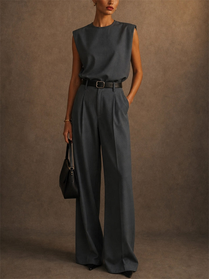 Womens Grey 2 Piece Shoulder Pad Top and Wide Leg Trousers Set