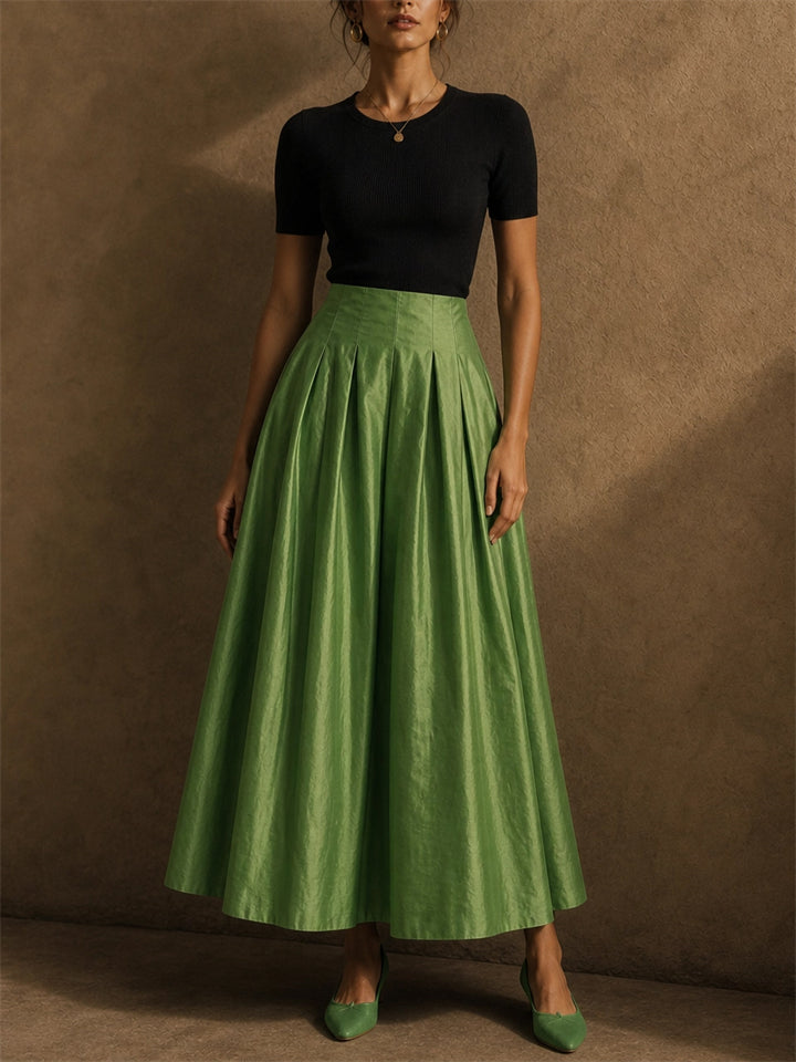 Women Green High Waist Pleated A Line Maxi Skirt