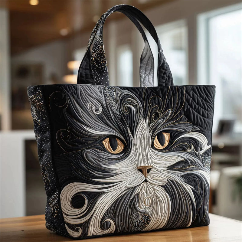 Black Quilted Cat Face Canvas Tote Bag
