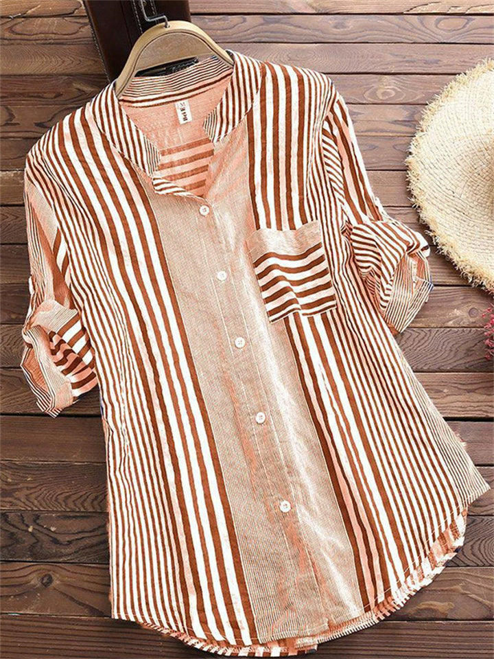 Women's Summer Stripe Patchwork Button Up Lapel Short Sleeve Shirt