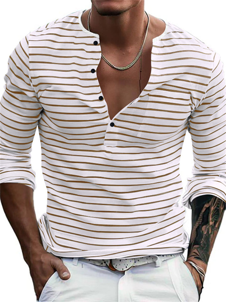 Men's Casual Contrast Color Stripe Long Sleeve Henley Shirts