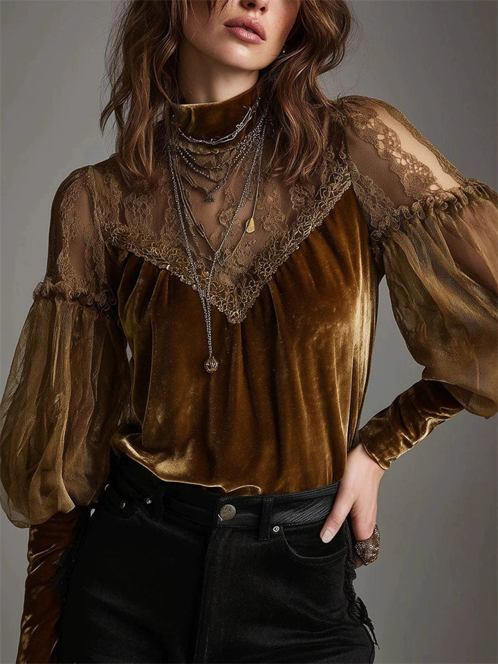 ‌Women's Chic Semi-High Neck Velvet Lace Overlay Patchwork Blouse‌