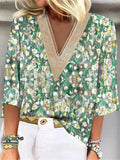 Summer Lace V Neck Print 3/4 Sleeve Blouses for Women