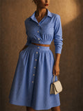 Ladies' 2Pcs Summer Trendy Blue Striped Long Sleeve Cropped Top & Skirt Set